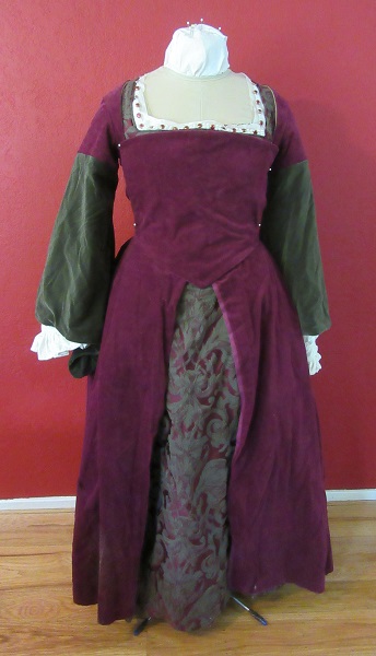 1500s Reproduction Henrician Olive and Burgandy Lady's Gown Tudor Front