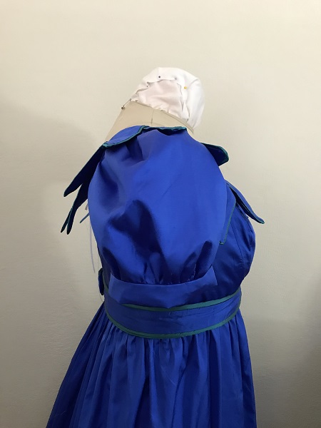 Reproduction 1820s Blue Dress with Van Dyke Points Bodice Right.