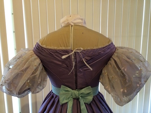 1830s reproduction lavender purple silk romantic era dress back with hooks and eyes gaped