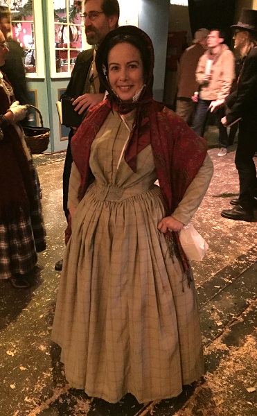 1840s Reproduction Fan Front Beige Plaid Daydress. Dickens Fair 2015. Photo by Vivien Lee.