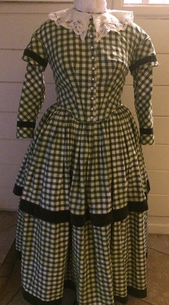 1840s Reproduction Green Plaid Daydress Front