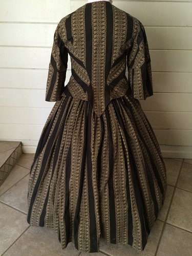 1850s Reproduction Victorian Black and Beige Day Dress  Back