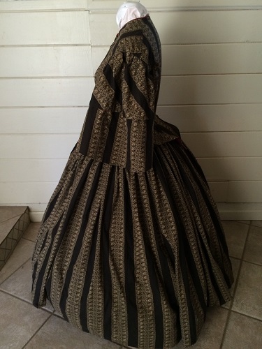 1850s Reproduction Victorian Black and Beige Day Dress Left