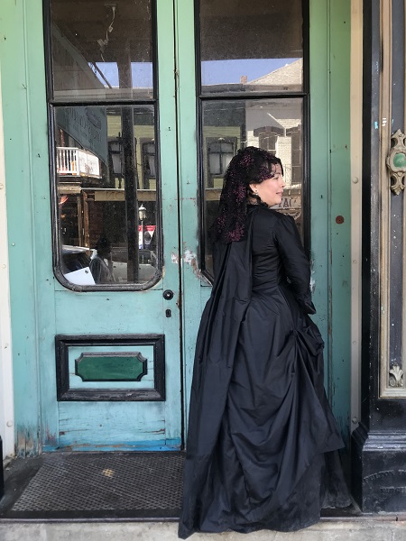 1870s Reproduction Black Watteau Bustle Dress in Virginia City October 2019