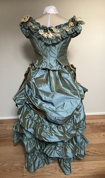 1870s Reproduction Blue Aqua Bustle Dress Back.