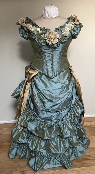1870s Reproduction Blue Aqua Bustle Dress Front. 