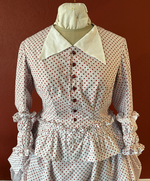 1870s Red Polka Dotted Dress Bodice Front. Vogue V1537 