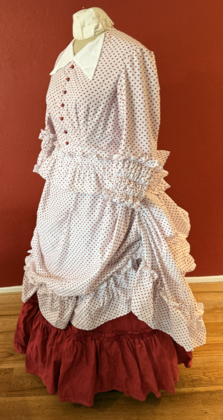 1870s Red Polka Dot Bustle Dress Left Quarter View.