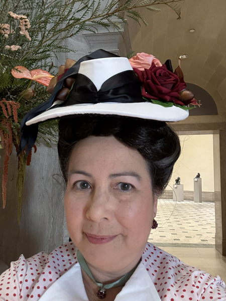 1870s Red Polka Dot Dress at Legion of Honor January 2026. Hair pieces by Lana Lily and hat by 1886 Designs Chantal Filson