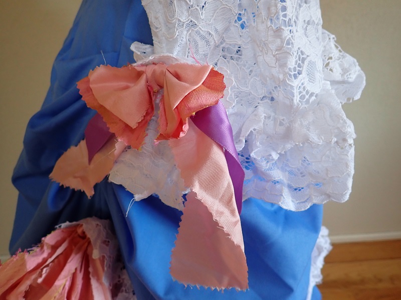 1880s Reproduction Blue Tissot Quiet Bustle Dress Detail. 