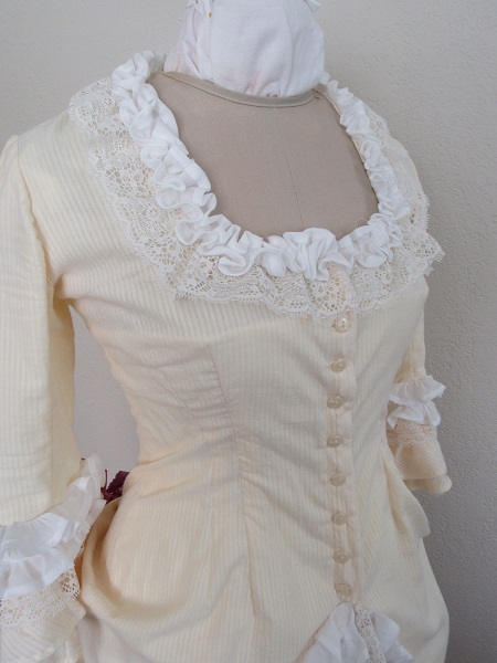 Reproduction 1880s Yellow Polonaise Natural Form Bustle Bodice 