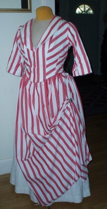 Reproduction 1887 Red Stripe Bustle Dress. 