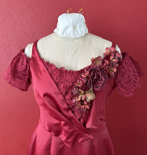 Reproduction 1890s Burgundy Ballgown BodiceFront. Truly Victorian TV490 