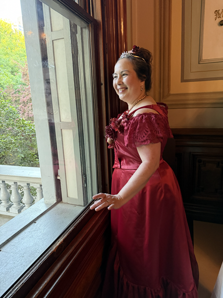 Reproduction 1890s Burgundy Ballgown at Crocker ArtMix Prom 2025. Truly Victorian TV490 and McCall's M8231