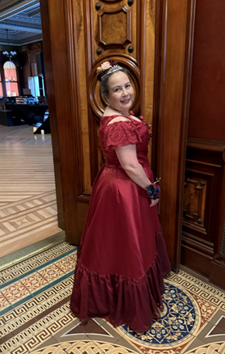 Reproduction 1890s Burgundy Ballgown at Crocker ArtMix Prom 2025. 