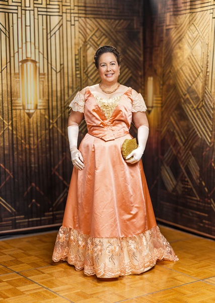 Reproduction 1890s Peach Ballgown at Costume College 2025. Costume College 2025. Photo by Mark Edwards Photographer