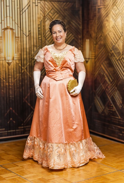 Reproduction 1890s Peach Ballgown at Costume College 2025. Photo by Mark Edwards Photographer