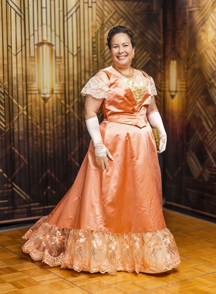 Reproduction 1890s Peach Ballgown at Costume College 2025. Photo by Mark Edwards Photographer