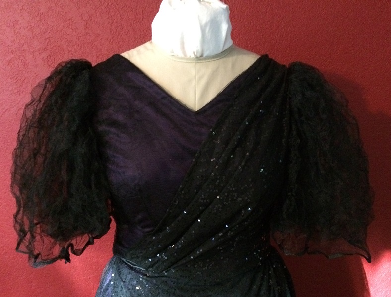 1890s Reproduction Black Tulle Ball Gown Bodice Front. 