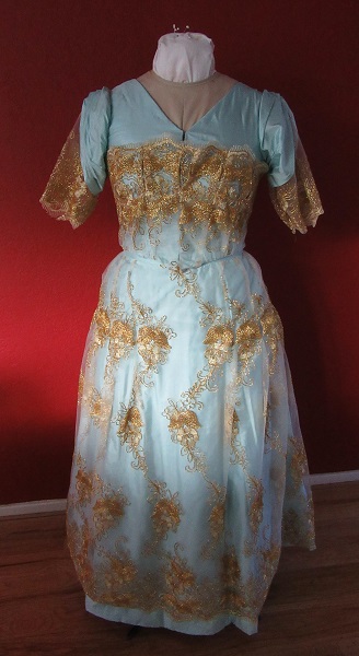 1890-1900s Reproduction Light Blue Ball Gown Dress Front. Laughing Moon #101 and #103. 