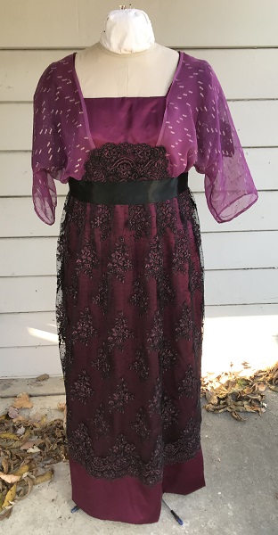 Reproduction 1910s Evening Dress Front - Burgundy Silk. Laughing Moon #104