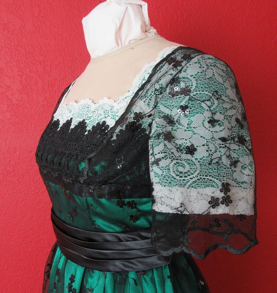 Reproduction 1910s Evening Bodice Left Quarter View - Green with ivory lace and black net overlay. Butterick B6190