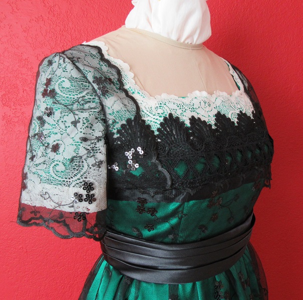 Reproduction 1910s Evening Bodice Right Quarter View - Green with ivory lace and black net overlay. Butterick B6190