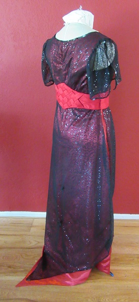 Reproduction 1910s Evening Dress Train Back Right Quarter - Red and Black. Laughing Moon #104