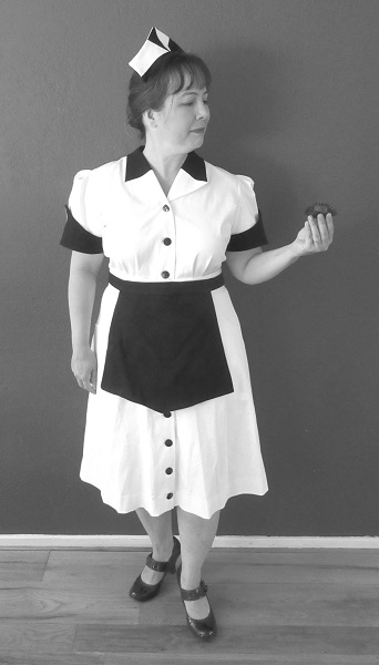 1950s Reproduction Candy Uniform Dress Front. Black and white