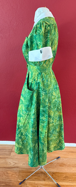 Reproduction 1950s Green Batik Dress Left. Laughing Moon #134 Shirtwaist Dress