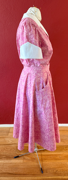 Reproduction 1950s Pink Batik Dress Right. Laughing Moon #134 Shirtwaist Dress