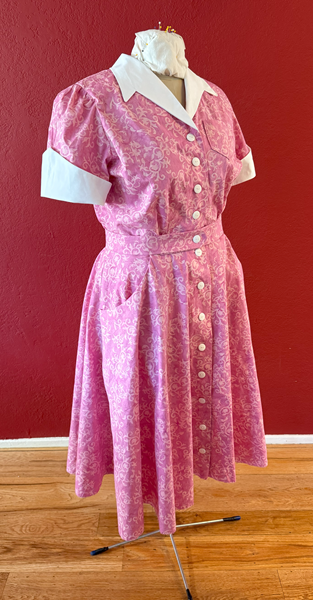 Reproduction 1950s Pink Batik Dress Right Quarter View. Laughing Moon #134 Shirtwaist Dress