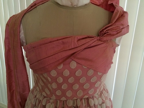 1952 reproduction retro Butterick 4918 pink silk evening dress with ivory spotted dotted net front detail