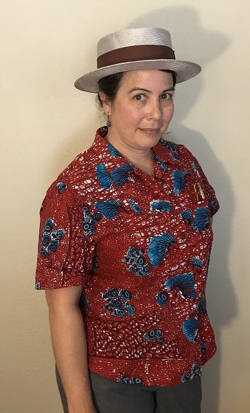 Butterick 6085 Misses' Red with Blue Porcupine Print Shirt Right 3/4 View