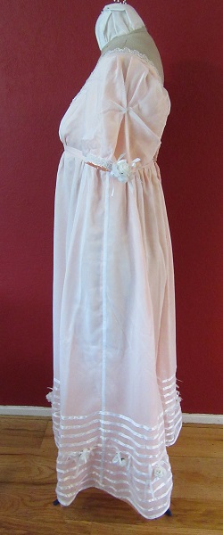 Regency Peach with White Sheer Ball Gown  Left. La Mode Bagatelle Regency Wardrobe