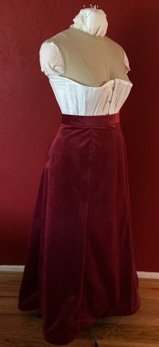 1900s Reproduction Raspberry Velvet Ball Gown Skirt Right Quarter View. 