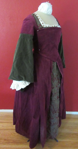 1500s Reproduction Henrician Olive and Burgandy Lady's Gown Tudor Right 3/4 View