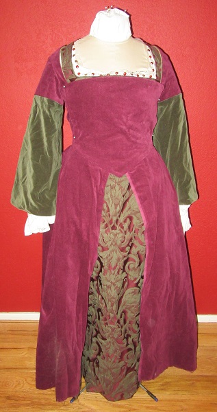 1500s Reproduction Henrician Olive and Burgandy Lady's Gown Tudor with flash