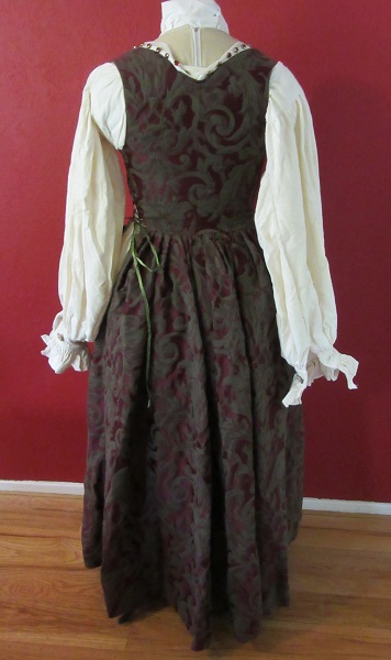 1500s Reproduction Olive and Burgandy Tudor Kirtle Back