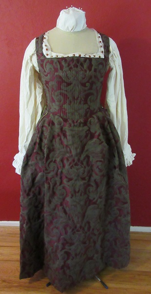 1500s Reproduction Olive and Burgandy Tudor Kirtle Front