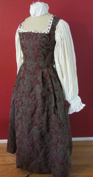 1500s Reproduction Olive and Burgandy Tudor Kirtle Left 3/4 View