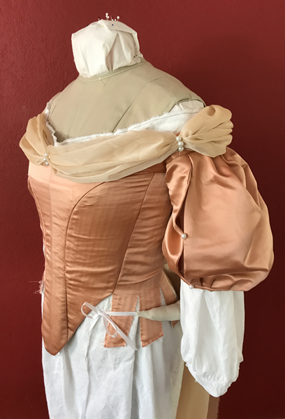 Reproduction 1660s Peach Bodice Left Quarter View.