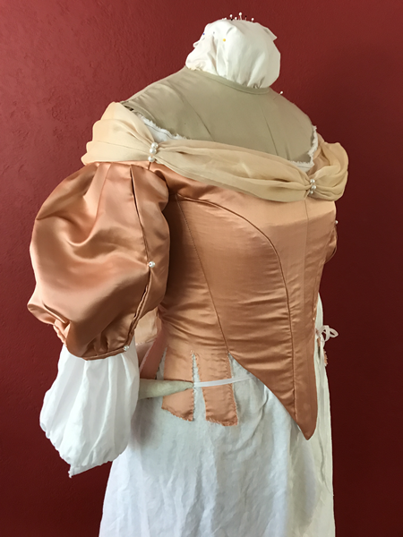 Reproduction 1660s Peach Bodice Right Quarter View. 