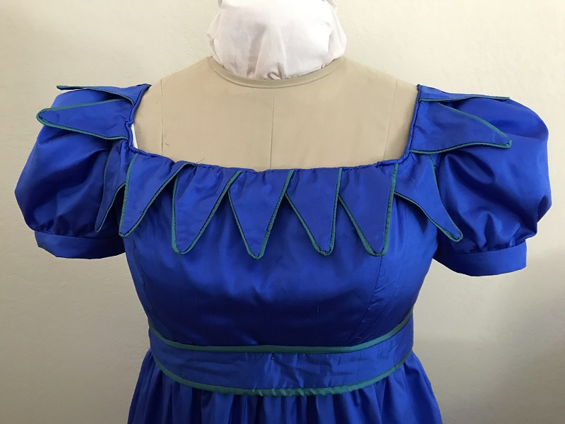 Reproduction 1820s Blue Dress with Van Dyke Points Bodice Front. 