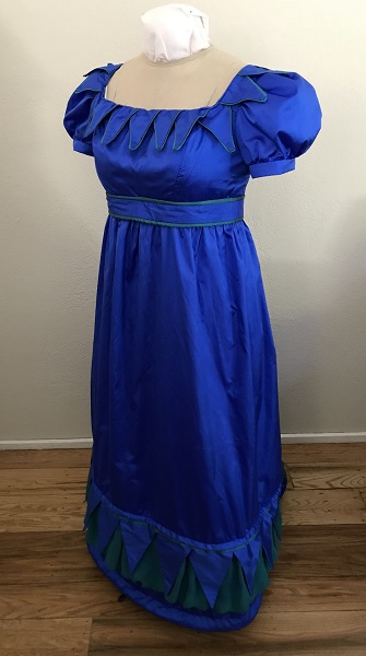 Reproduction 1820s Blue Dress with Van Dyke Points Left Quarter View.