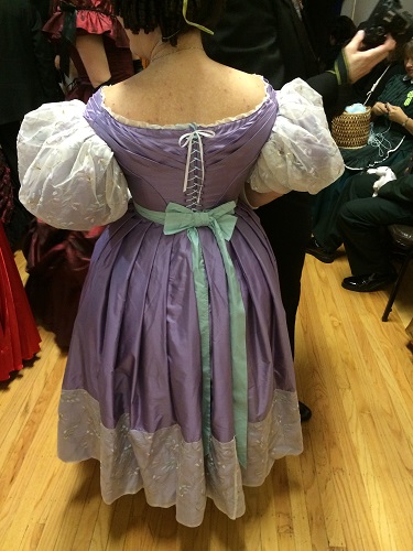 1830s reproduction lavender purple silk romantic era dress back