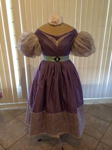 1830s reproduction lavender purple silk romantic era dress front
