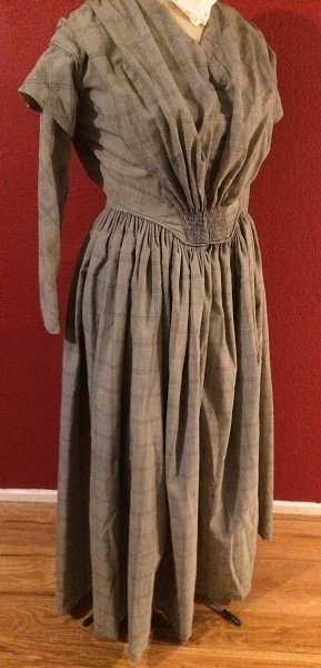 1840s Reproduction Fan Front Beige Plaid Daydress Dyed Right 3/4 View