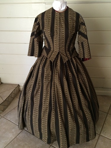 1850s Reproduction Victorian Black and Beige Day Dress  Front