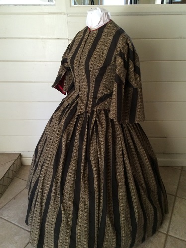 1850s Reproduction Victorian Black and Beige Day Dress Left 3/4 View